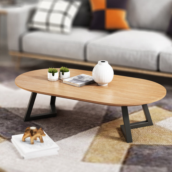 Zeitgenössischer nordischer Holz-Eisen-Oval-Dreieck-Bein-Couchtisch 1-Tablett für Wohnzimmer 