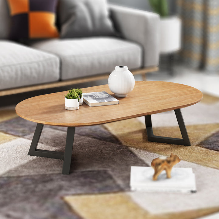 Zeitgenössischer nordischer Holz-Eisen-Oval-Dreieck-Bein-Couchtisch 1-Tablett für Wohnzimmer 