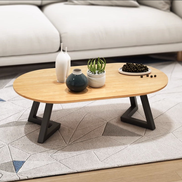 Zeitgenössischer nordischer Holz-Eisen-Oval-Dreieck-Bein-Couchtisch 1-Tablett für Wohnzimmer 