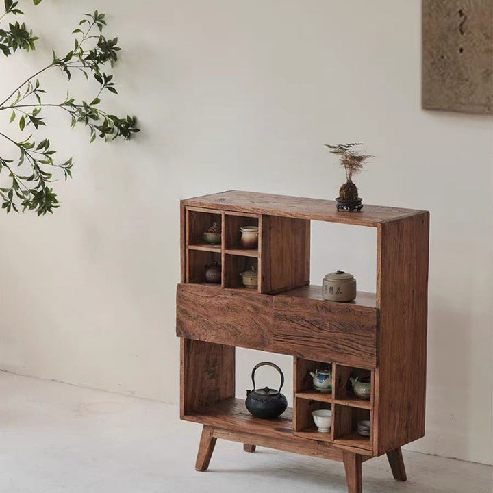 Traditional Vintage Camphor Wood Rectangular Console Table Shelf 2-Tier Drawer For Entryway