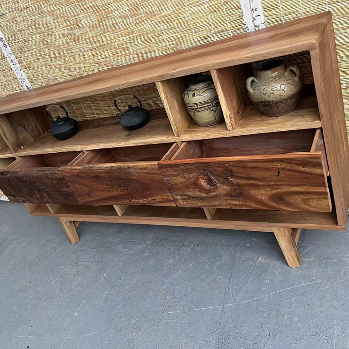 Traditional Vintage Camphor Wood Rectangular Console Table Shelf 2-Tier Drawer For Entryway