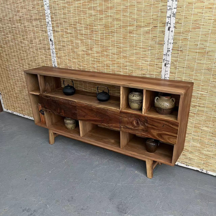 Traditional Vintage Camphor Wood Rectangular Console Table Shelf 2-Tier Drawer For Entryway