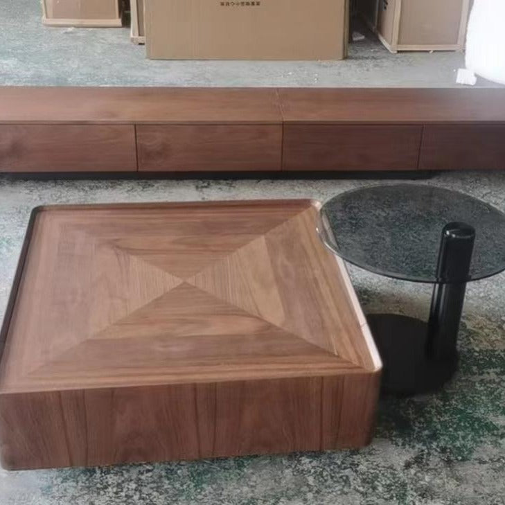 Mesa de café cuadrada contemporánea escandinava de madera de caucho con 2 cajones para sala de estar 