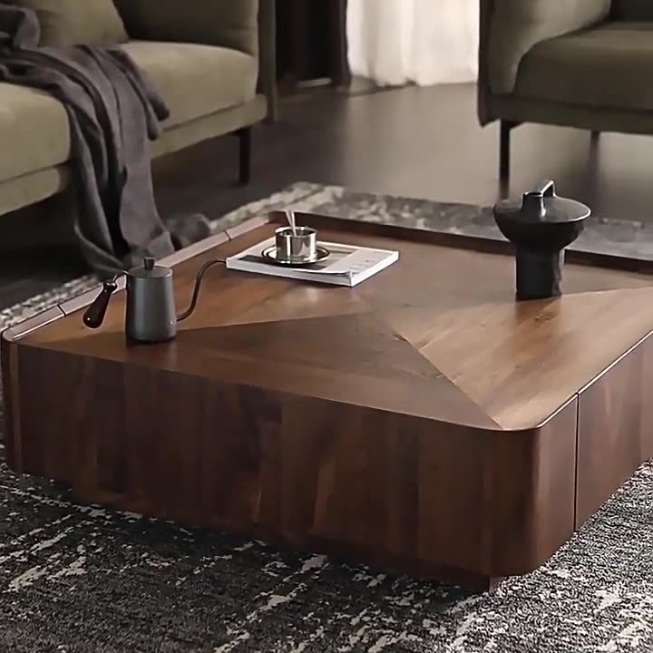 Mesa de café cuadrada contemporánea escandinava de madera de caucho con 2 cajones para sala de estar 