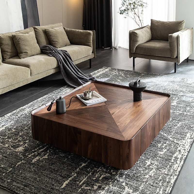 Mesa de café cuadrada contemporánea escandinava de madera de caucho con 2 cajones para sala de estar 