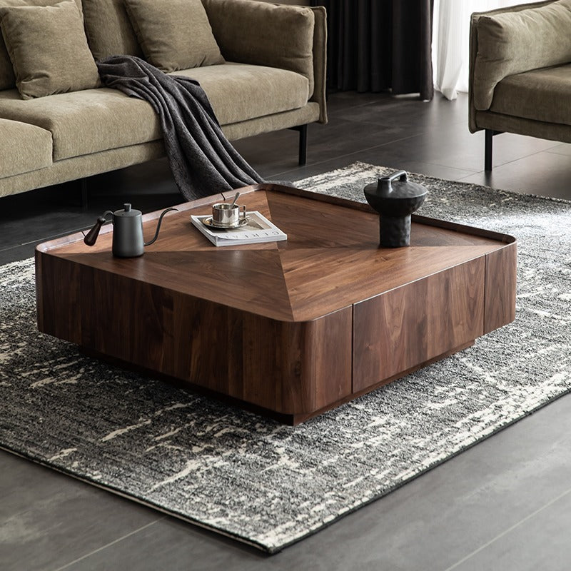 Mesa de café cuadrada contemporánea escandinava de madera de caucho con 2 cajones para sala de estar 