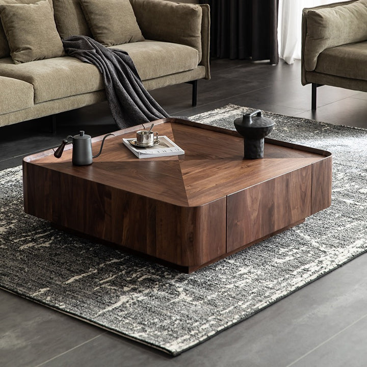 Mesa de café cuadrada contemporánea escandinava de madera de caucho con 2 cajones para sala de estar 