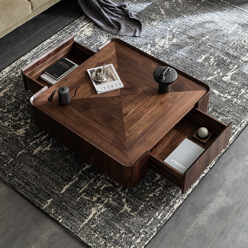 Mesa de café cuadrada contemporánea escandinava de madera de caucho con 2 cajones para sala de estar 