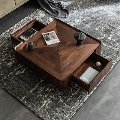 Contemporary Scandinavian Walnut Square Coffee Table 2-Drawer For Living Room