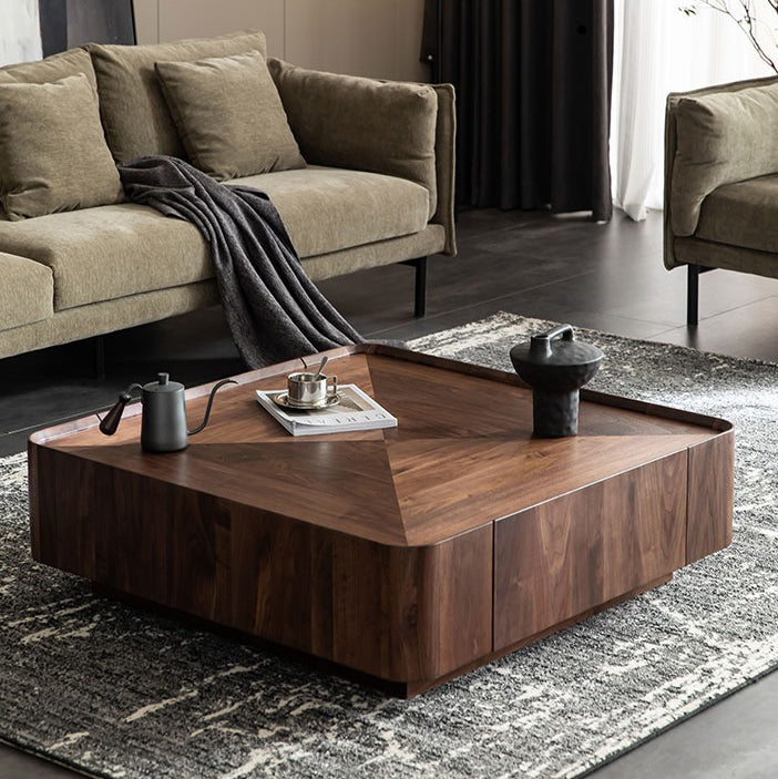 Contemporary Scandinavian Walnut Square Coffee Table 2-Drawer For Living Room