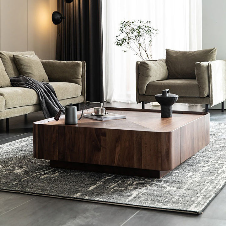 Mesa de café cuadrada contemporánea escandinava de madera de caucho con 2 cajones para sala de estar 