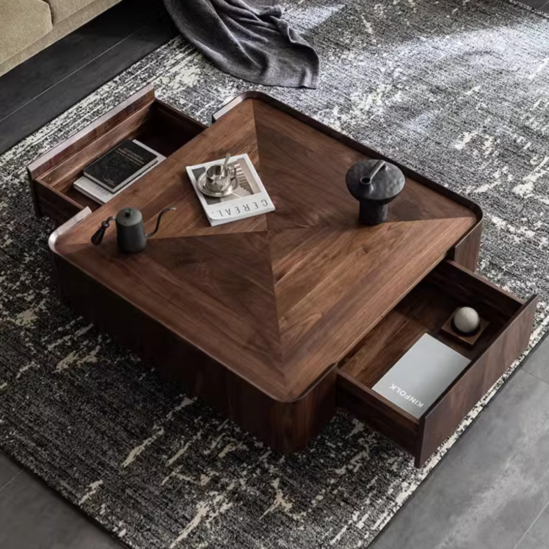 Mesa de café cuadrada contemporánea escandinava de madera de caucho con 2 cajones para sala de estar 
