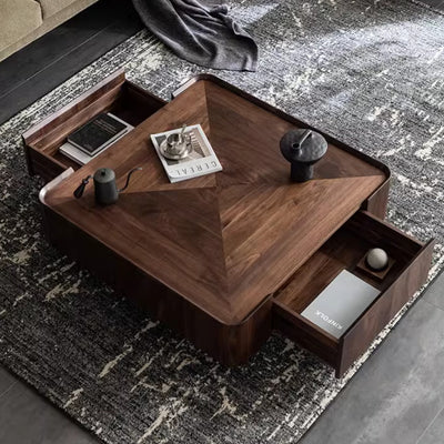 Contemporary Scandinavian Walnut Square Coffee Table 2-Drawer For Living Room