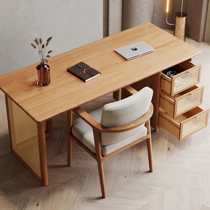 Traditionelle japanische Weberei Nachahmung Rattan Holz Rechteckige Schreibtische 3-Schubladen für das Home Office 