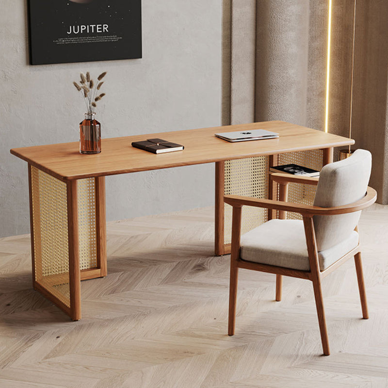 Traditional Japanese Weaving Imitation Rattan Wood Rectangular Desks 3-Drawer For Home Office