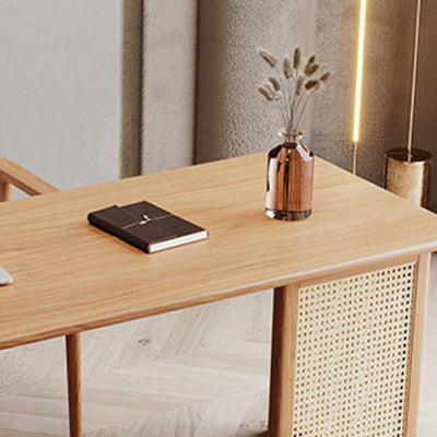 Traditional Japanese Weaving Imitation Rattan Wood Rectangular Desks 3-Drawer For Home Office