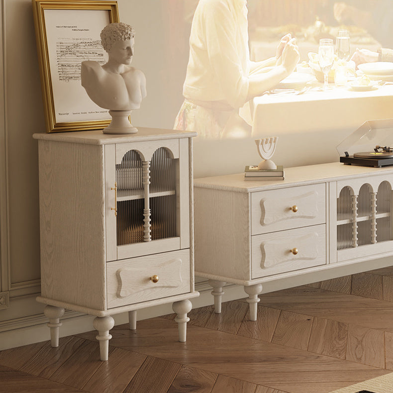 Traditional French Oak Striped Glass Arched Door Roman Column Rectangular Side Table 2/3 Tier Cabinet For Living Room