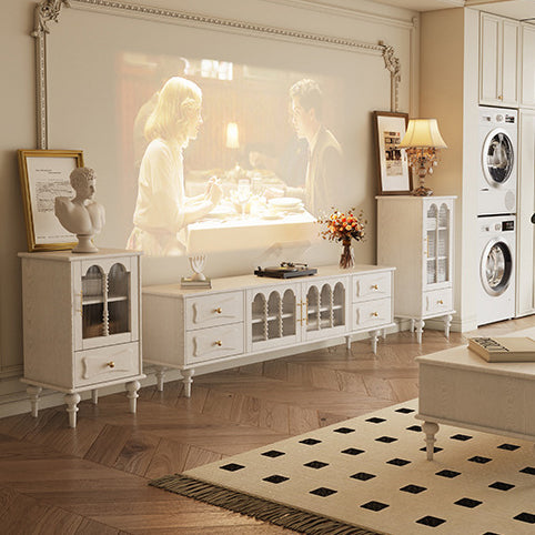 Traditional French Oak Striped Glass Arched Door Roman Column Rectangular Side Table 2/3 Tier Cabinet For Living Room