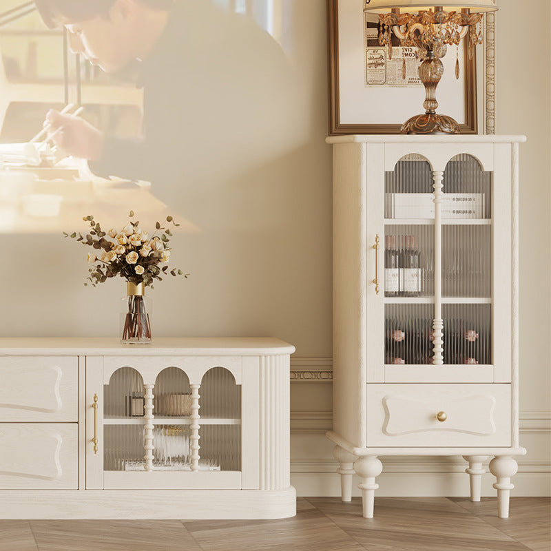 Traditional French Oak Striped Glass Arched Door Roman Column Rectangular Side Table 2/3 Tier Cabinet For Living Room