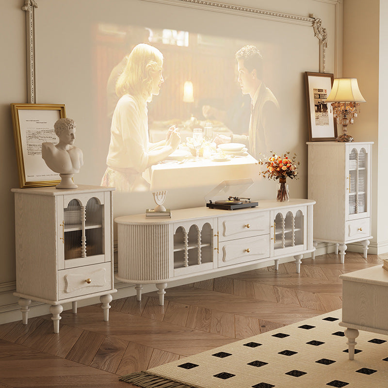Traditional French Oak Striped Glass Arched Door Roman Column Rectangular Side Table 2/3 Tier Cabinet For Living Room
