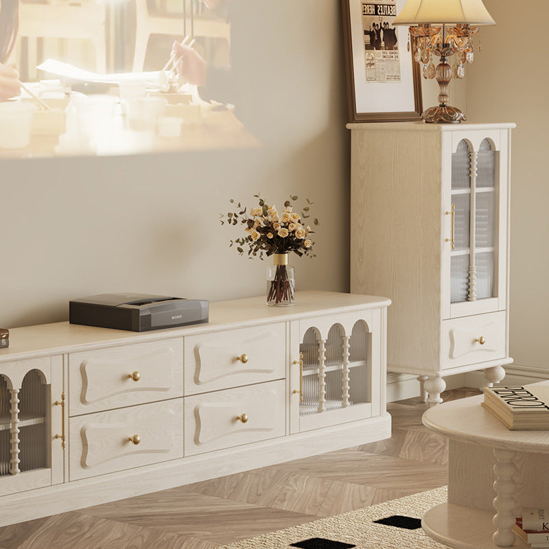 Traditional French Oak Striped Glass Arched Door Roman Column Rectangular Side Table 2/3 Tier Cabinet For Living Room