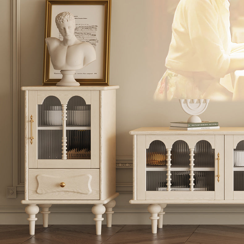 Traditional French Oak Striped Glass Arched Door Roman Column Rectangular Side Table 2/3 Tier Cabinet For Living Room