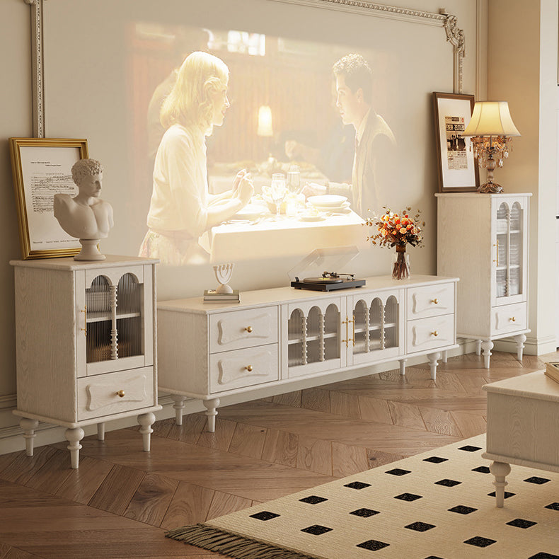 Traditional French Oak Striped Glass Arched Door Roman Column Rectangular Side Table 2/3 Tier Cabinet For Living Room