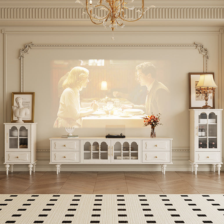 Traditional French Oak Striped Glass Arched Door Roman Column Rectangular Side Table 2/3 Tier Cabinet For Living Room