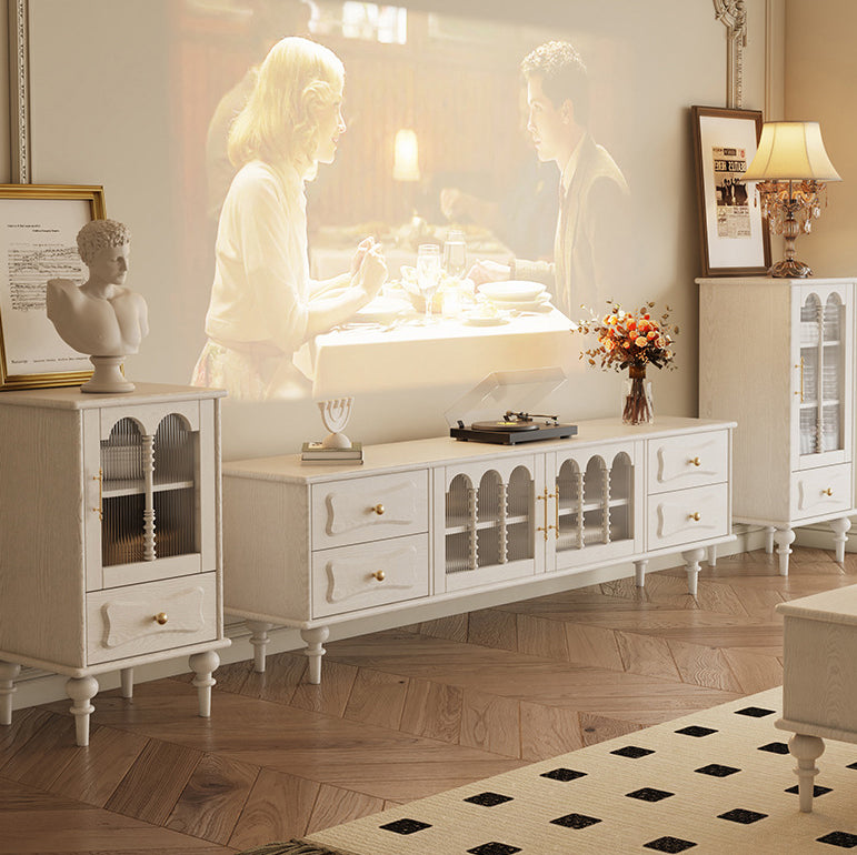 Traditional French Oak Striped Glass Arched Door Roman Column Rectangular Side Table 2/3 Tier Cabinet For Living Room