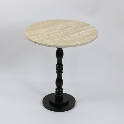 Contemporary Scandinavian Round Roman Column Terrazzo Travertine Wood End Table For Living Room