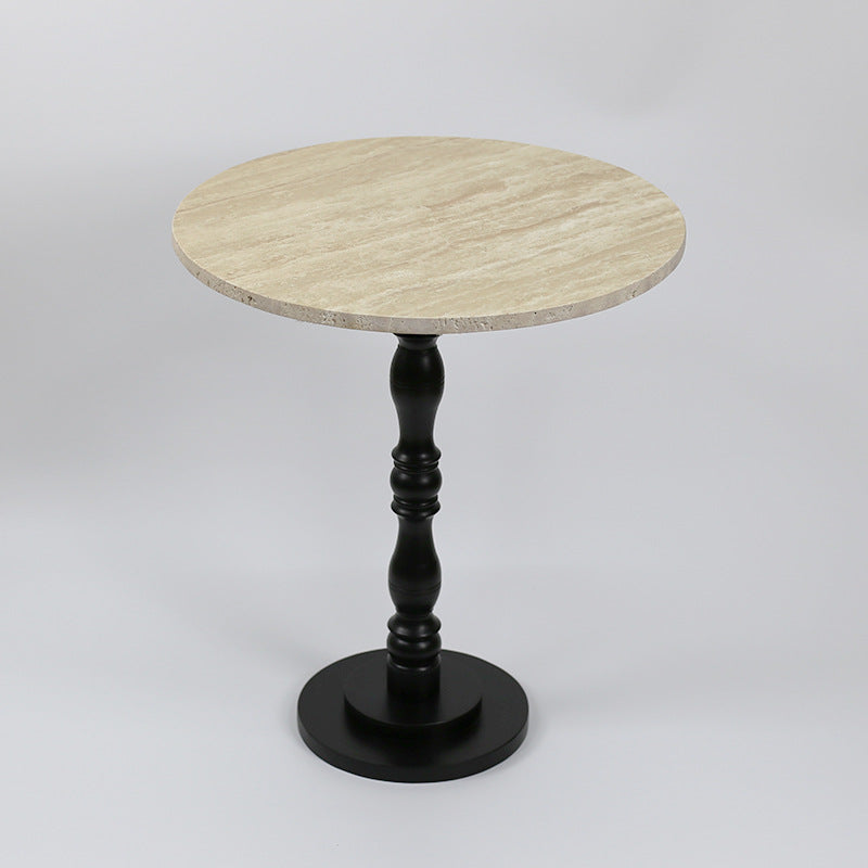 Contemporary Scandinavian Round Roman Column Terrazzo Travertine Wood End Table For Living Room