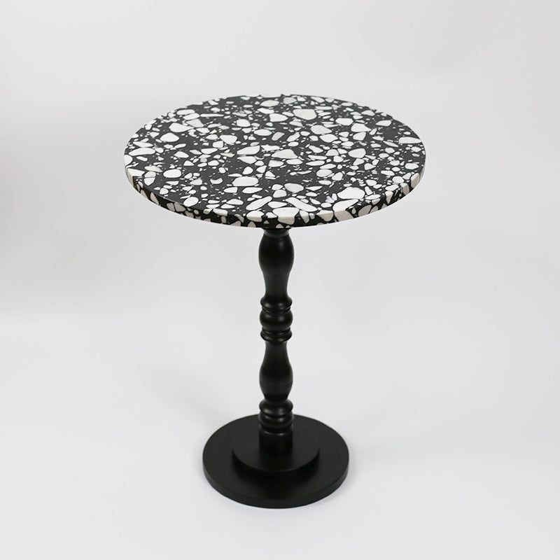 Contemporary Scandinavian Round Roman Column Terrazzo Travertine Wood End Table For Living Room