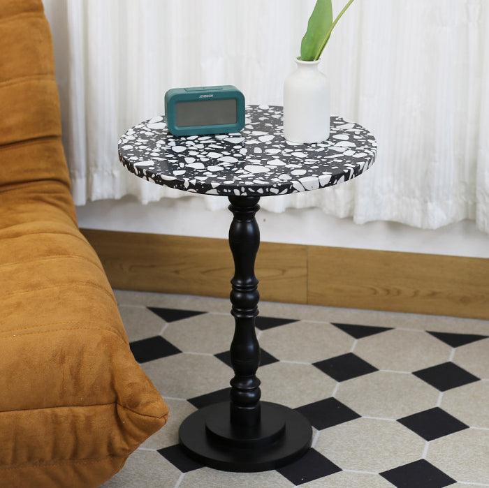 Contemporary Scandinavian Round Roman Column Terrazzo Travertine Wood End Table For Living Room