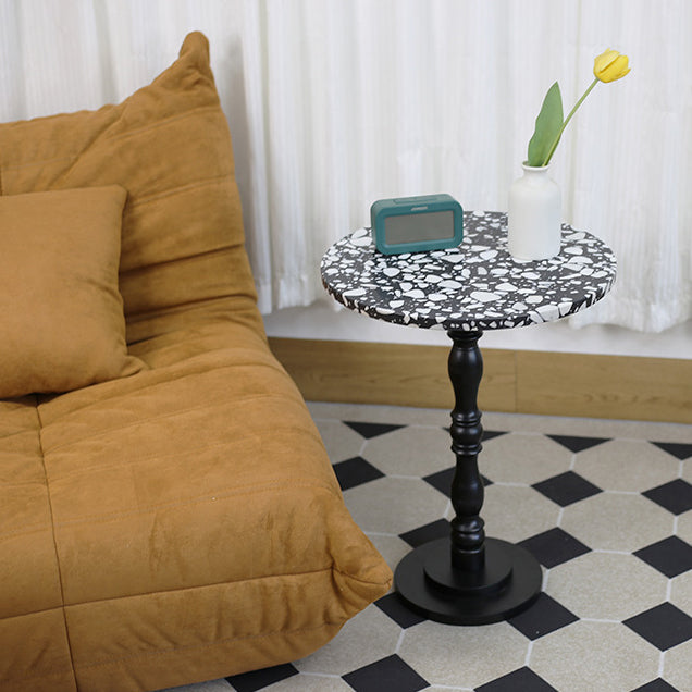 Contemporary Scandinavian Round Roman Column Terrazzo Travertine Wood End Table For Living Room