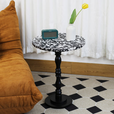 Contemporary Scandinavian Round Roman Column Terrazzo Travertine Wood End Table For Living Room