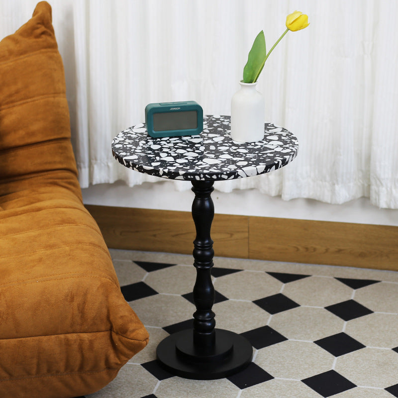 Contemporary Scandinavian Round Roman Column Terrazzo Travertine Wood End Table For Living Room
