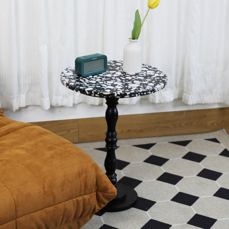 Contemporary Scandinavian Round Roman Column Terrazzo Travertine Wood End Table For Living Room