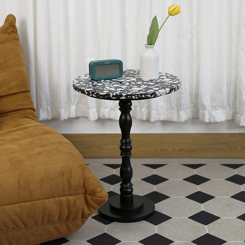 Contemporary Scandinavian Round Roman Column Terrazzo Travertine Wood End Table For Living Room