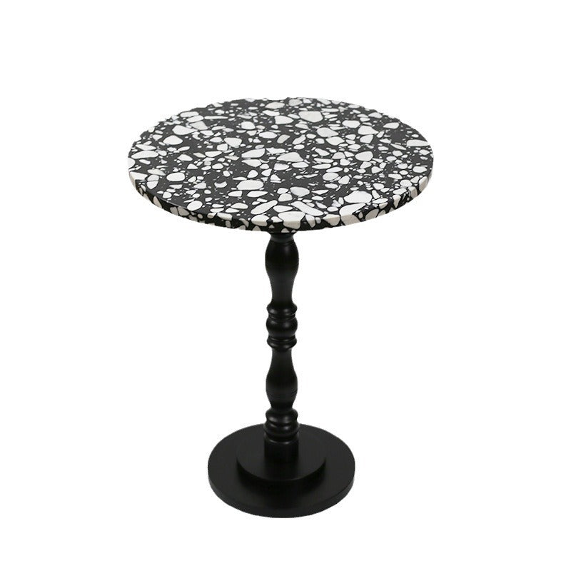Contemporary Scandinavian Round Roman Column Terrazzo Travertine Wood End Table For Living Room