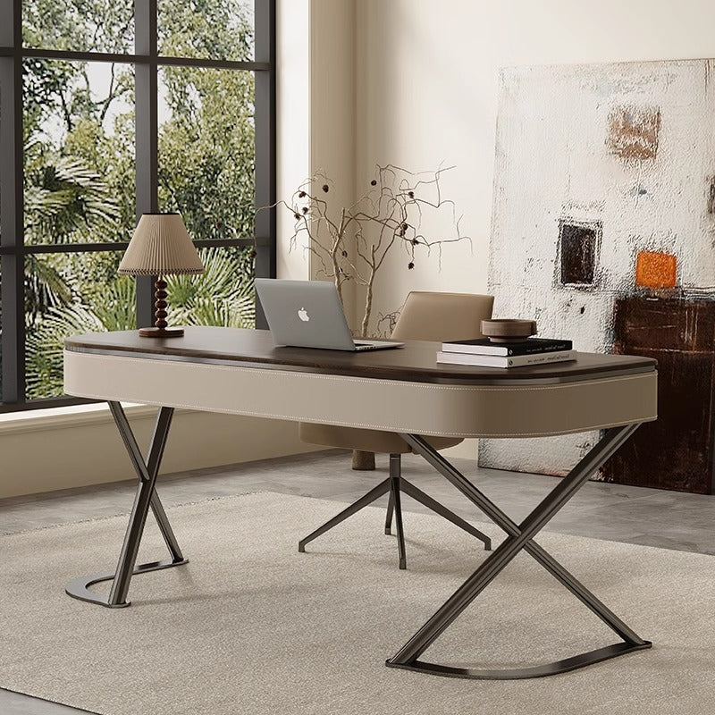 Modern Minimalist Saddle Leather Wood Stainless Steel Oval X-Shape Leg Desks 2-Drawer For Home Office