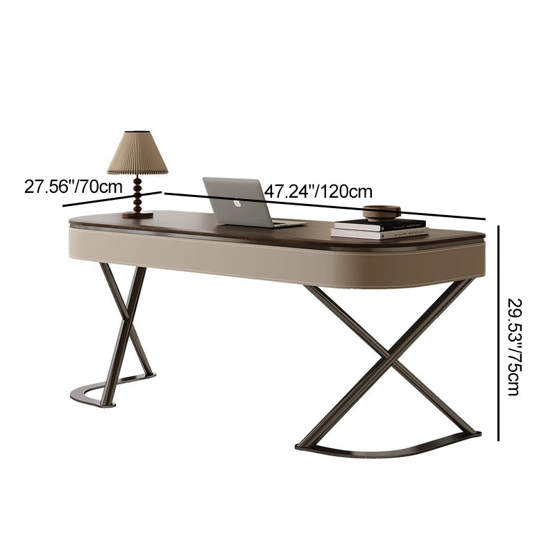 Modern Minimalist Saddle-Style Faux Leather Wood Stainless Steel Oval X-Shape Leg Desks 2-Drawer For Home Office