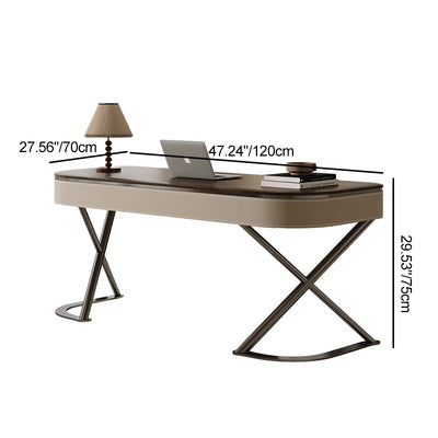 Modern Minimalist Saddle Leather Wood Stainless Steel Oval X-Shape Leg Desks 2-Drawer For Home Office
