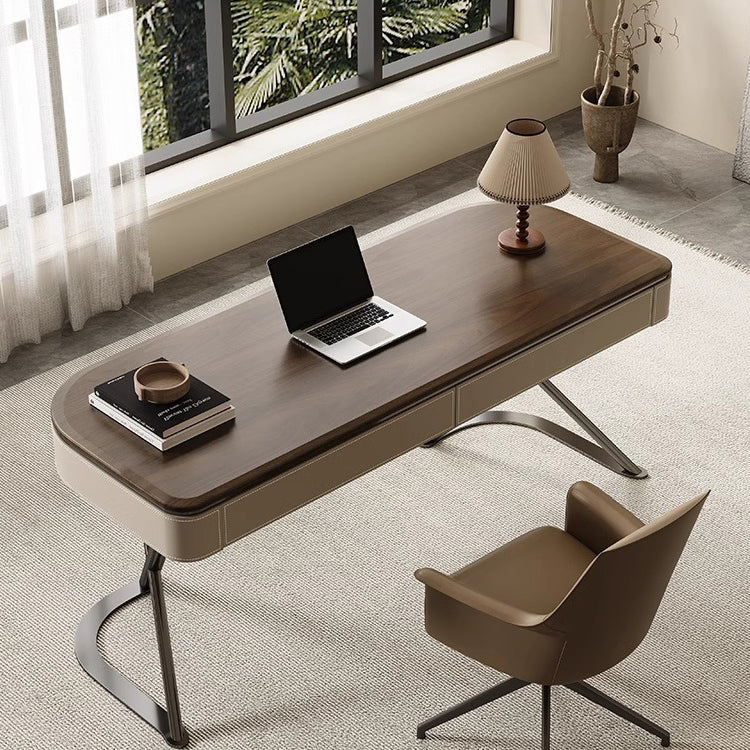 Modern Minimalist Saddle-Style Faux Leather Wood Stainless Steel Oval X-Shape Leg Desks 2-Drawer For Home Office
