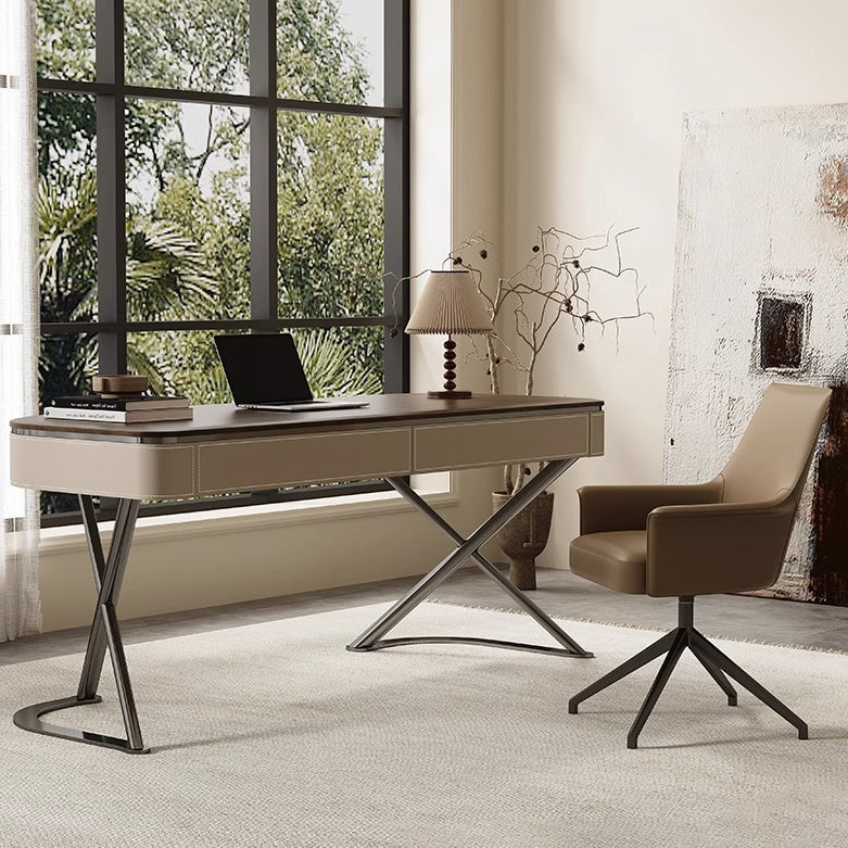 Modern Minimalist Saddle-Style Faux Leather Wood Stainless Steel Oval X-Shape Leg Desks 2-Drawer For Home Office