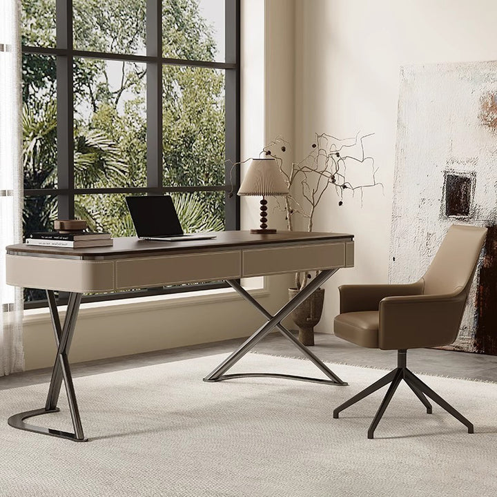 Modern Minimalist Saddle-Style Faux Leather Wood Stainless Steel Oval X-Shape Leg Desks 2-Drawer For Home Office