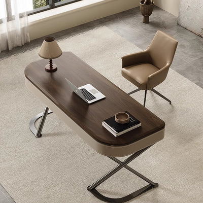 Modern Minimalist Saddle Leather Wood Stainless Steel Oval X-Shape Leg Desks 2-Drawer For Home Office