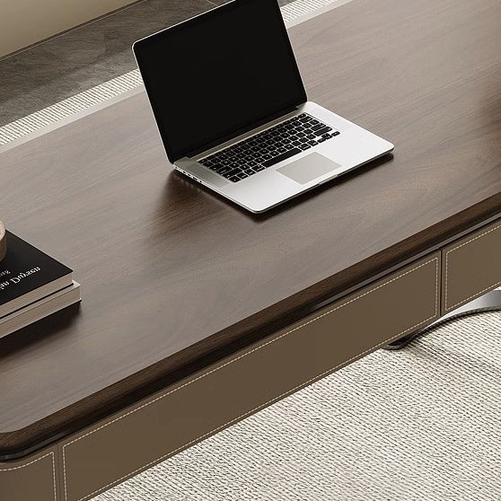 Modern Minimalist Saddle-Style Faux Leather Wood Stainless Steel Oval X-Shape Leg Desks 2-Drawer For Home Office