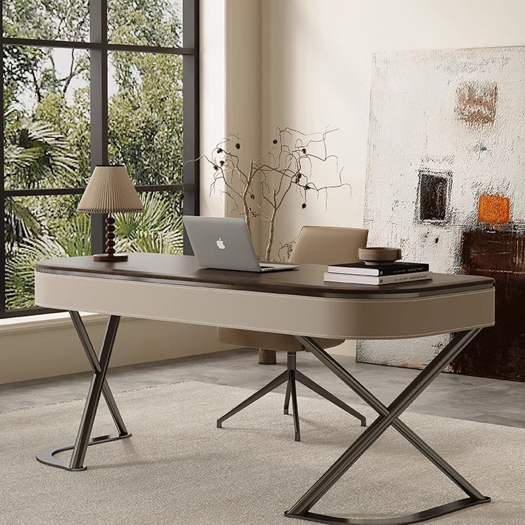 Modern Minimalist Saddle-Style Faux Leather Wood Stainless Steel Oval X-Shape Leg Desks 2-Drawer For Home Office