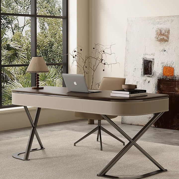 Modern Minimalist Saddle-Style Faux Leather Wood Stainless Steel Oval X-Shape Leg Desks 2-Drawer For Home Office
