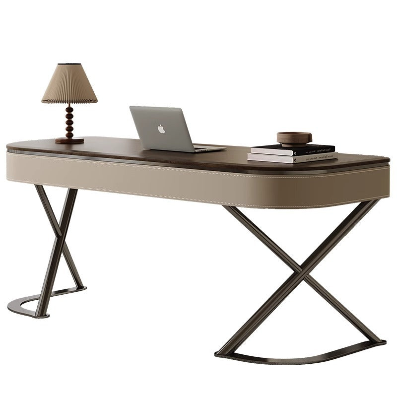 Modern Minimalist Saddle Leather Wood Stainless Steel Oval X-Shape Leg Desks 2-Drawer For Home Office